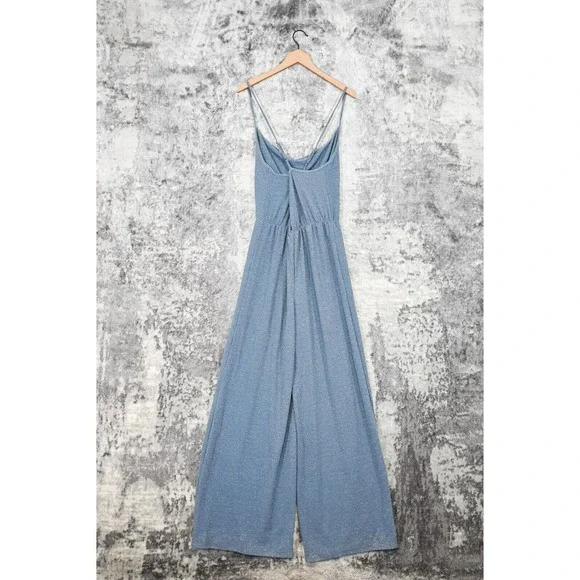 Urban Outfitters Blue Glitter Sleeveless Cross Back Wide Leg Jumpsuit Size L - Picture 3 of 5